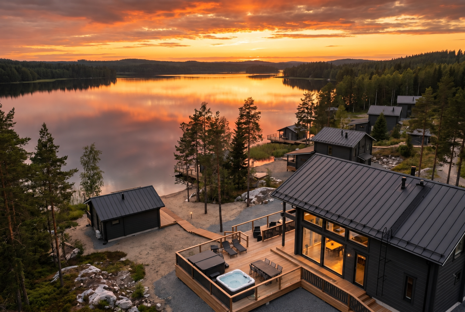 Villa deck with hot tub at sunset over the lake